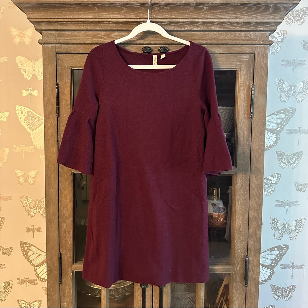 Anthropologie Red and Purple Crew Neck Sweater with Bell Sleeves
